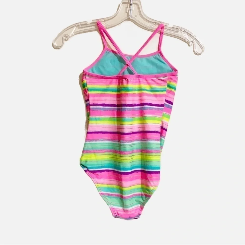 SO Fully Lined Pink Pastel Striped One-Piece Bathing/Swimsuit. Size 7/8
